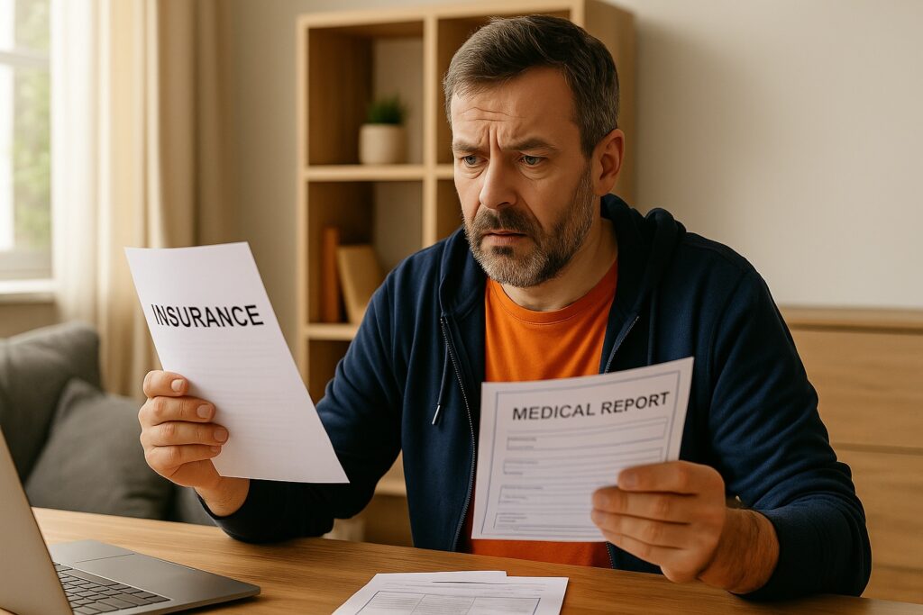 Man looking confused while reading insurance and medical documents at home
