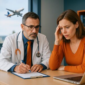 Doctor reviewing fit-to-fly medical clearance for patient