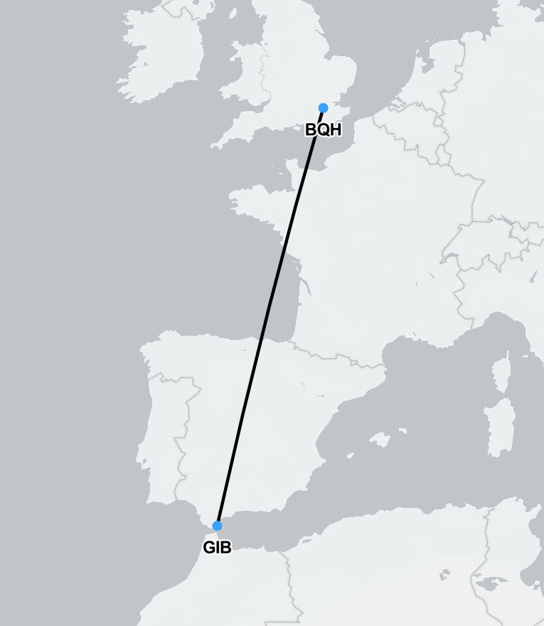 Air ambulance route map showing medical repatriation flights from Gibraltar to London and Manchester