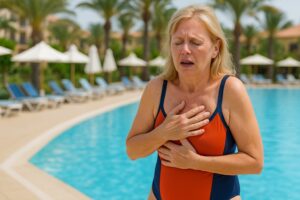 Woman clutching chest with heart attack symptoms at a holiday poolside