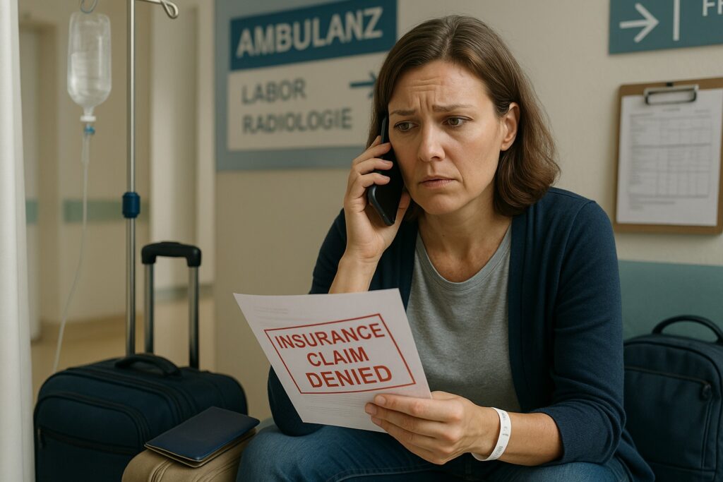 Frustrated traveller on phone in hospital after insurer denies medical repatriation