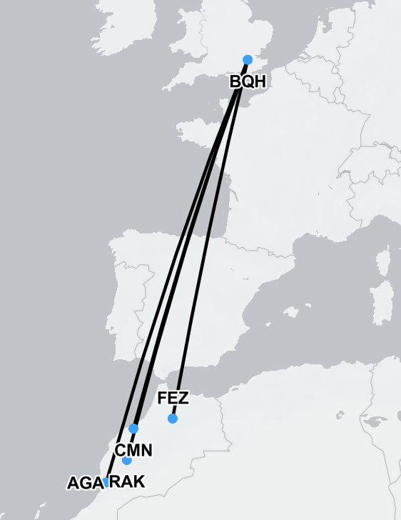 Map showing typical medical repatriation routes from Morocco to London