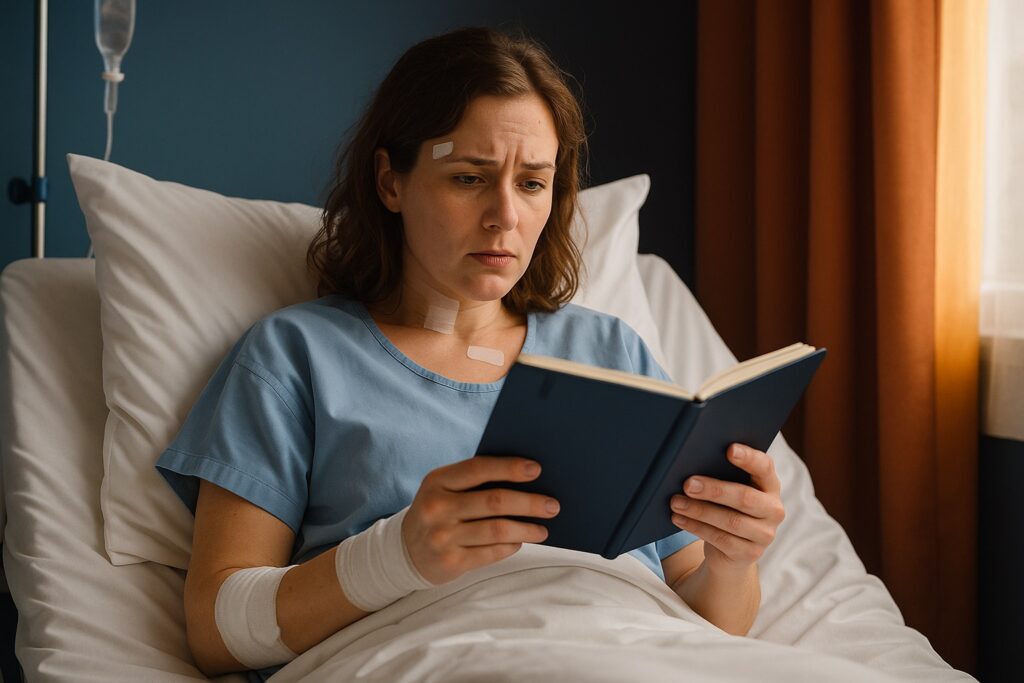 Concerned post-surgery patient lying in hospital bed reading a diary