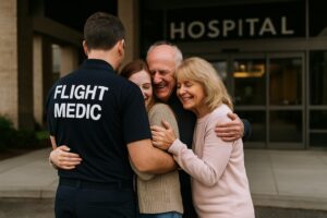 Family and medical escort preparing for repatriation at an airport