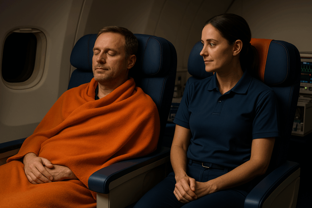 Medical escort accompanying injured skier on commercial flight after a ski accident abroad 