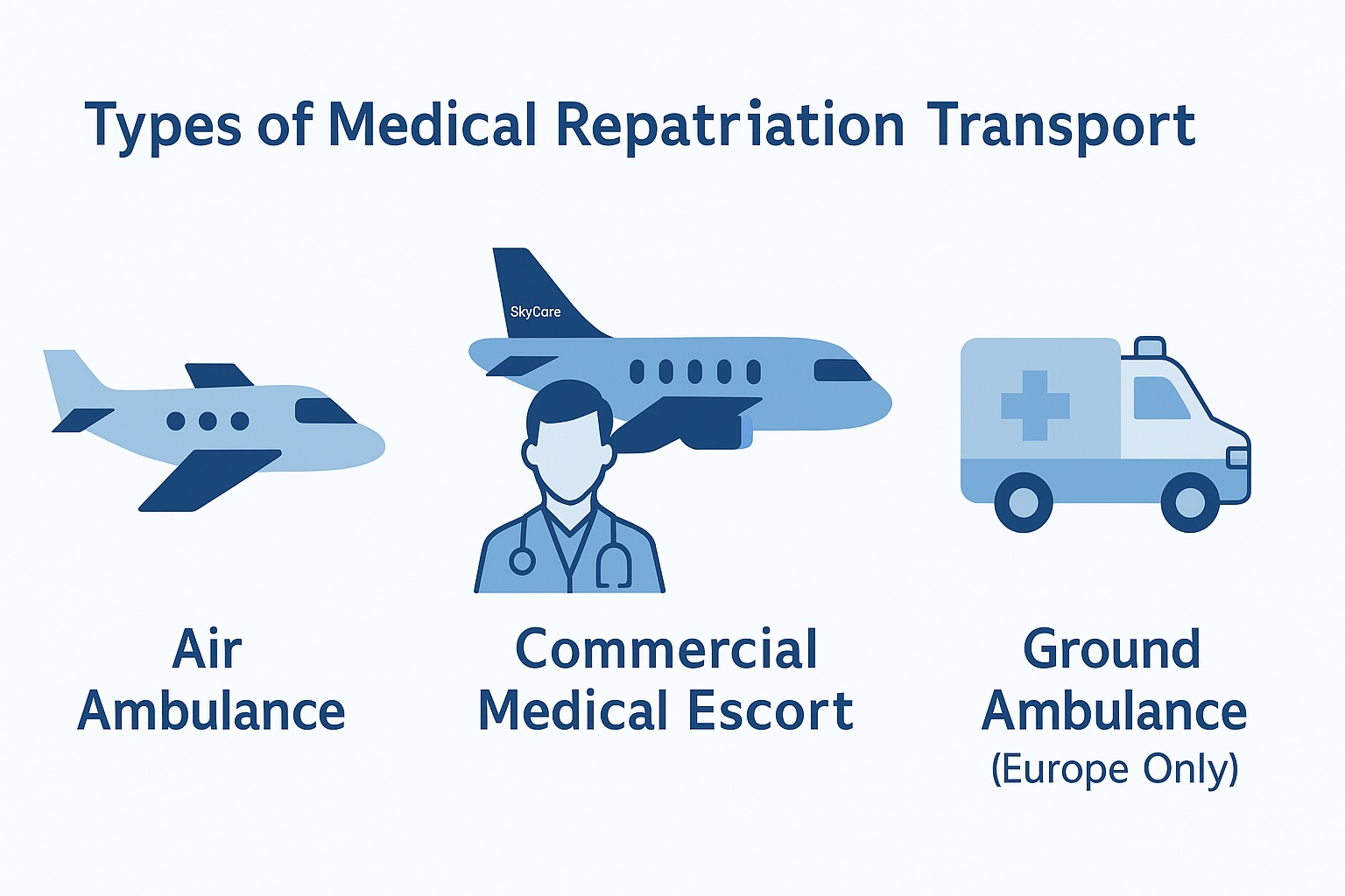 Medical transport types: air ambulance, medical escort, and ground ambulance