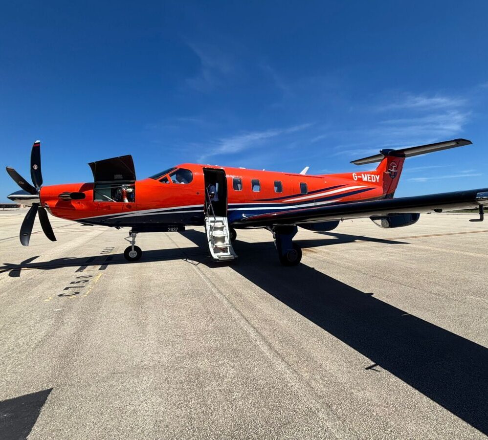 Air ambulance on the runway in Sardinia during medical evacuation to the UK