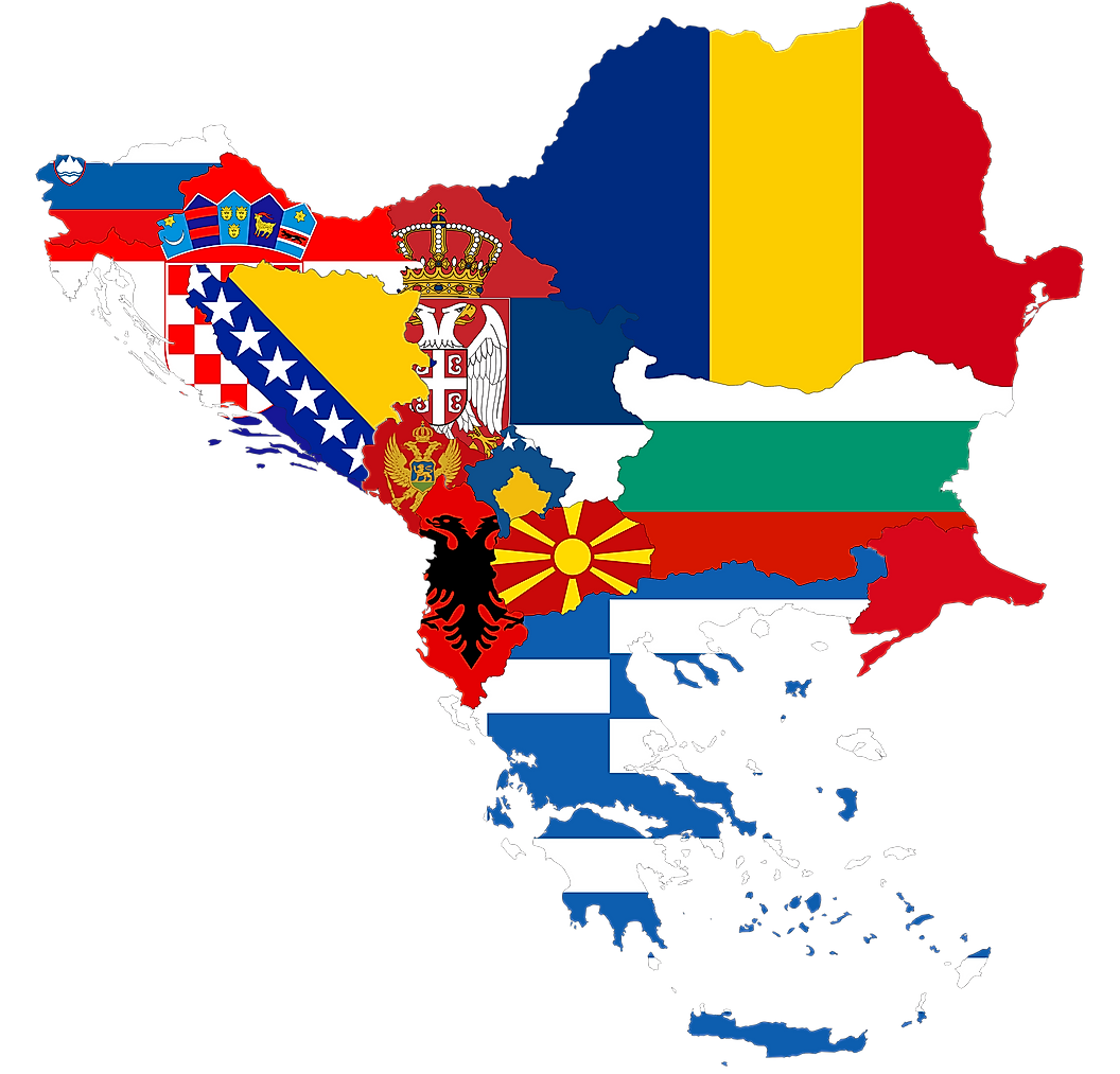 Map of the Balkans with flags of each country, supporting air ambulance transfers to the UK