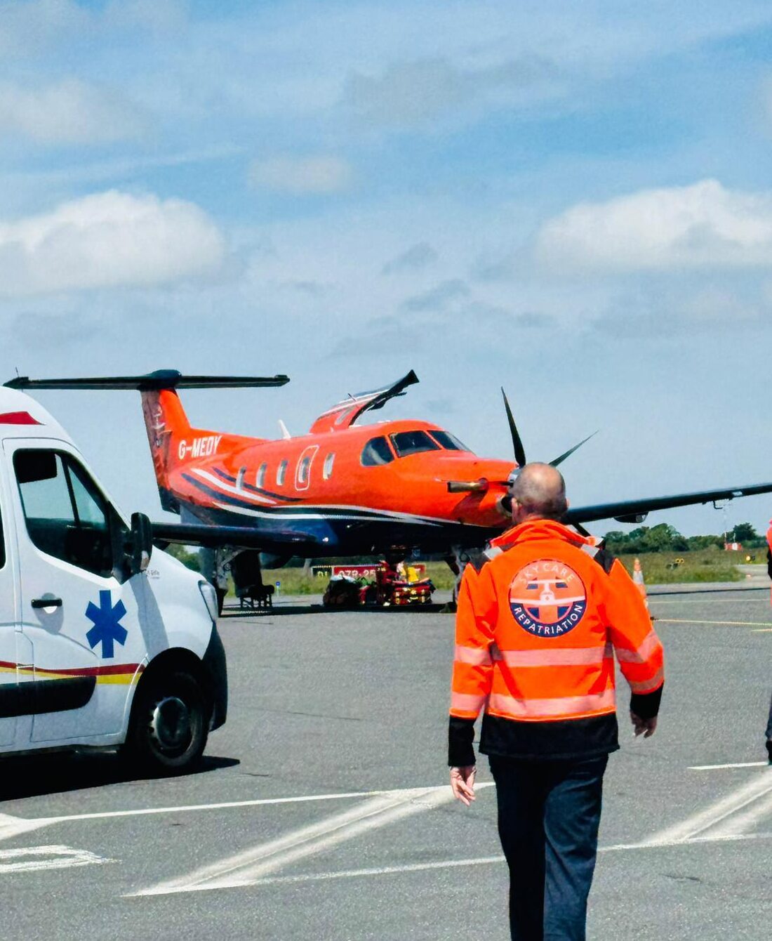 ICU-equipped air ambulance on the tarmac at Barcelona El Prat Airport
