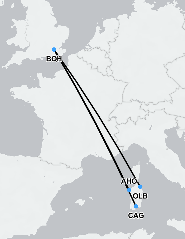 Map showing medical flight route from Sardinia to London for air ambulance repatriation
