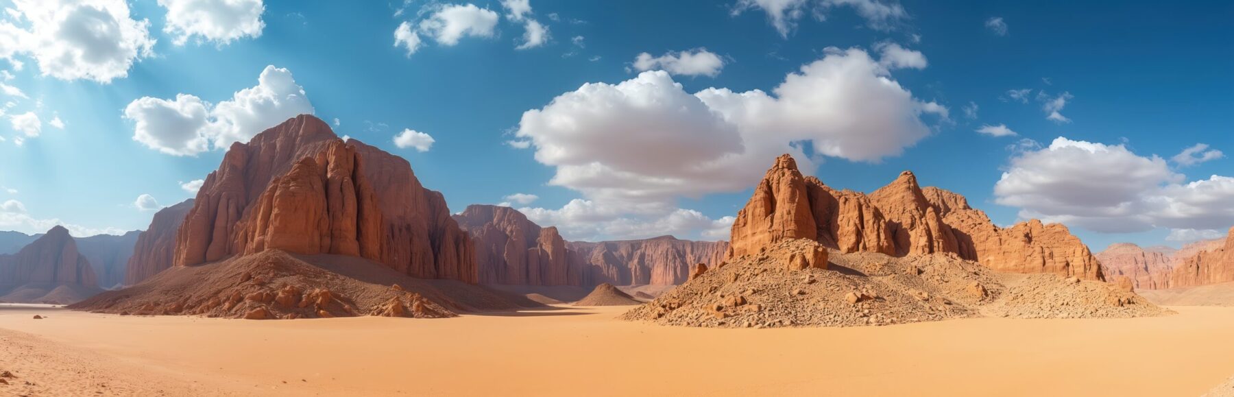 Rocky desert formations in Al Ula, Saudi Arabia, seen along an air ambulance route to the UK, with arid terrain and sandstone under blue sky
