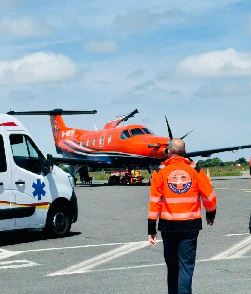 Medical aircraft parked at Stockholm Arlanda Airport for patient repatriation
