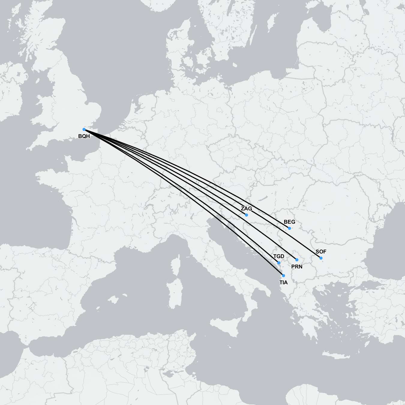 Map showing direct and indirect air ambulance and medical escort routes from Balkans to London