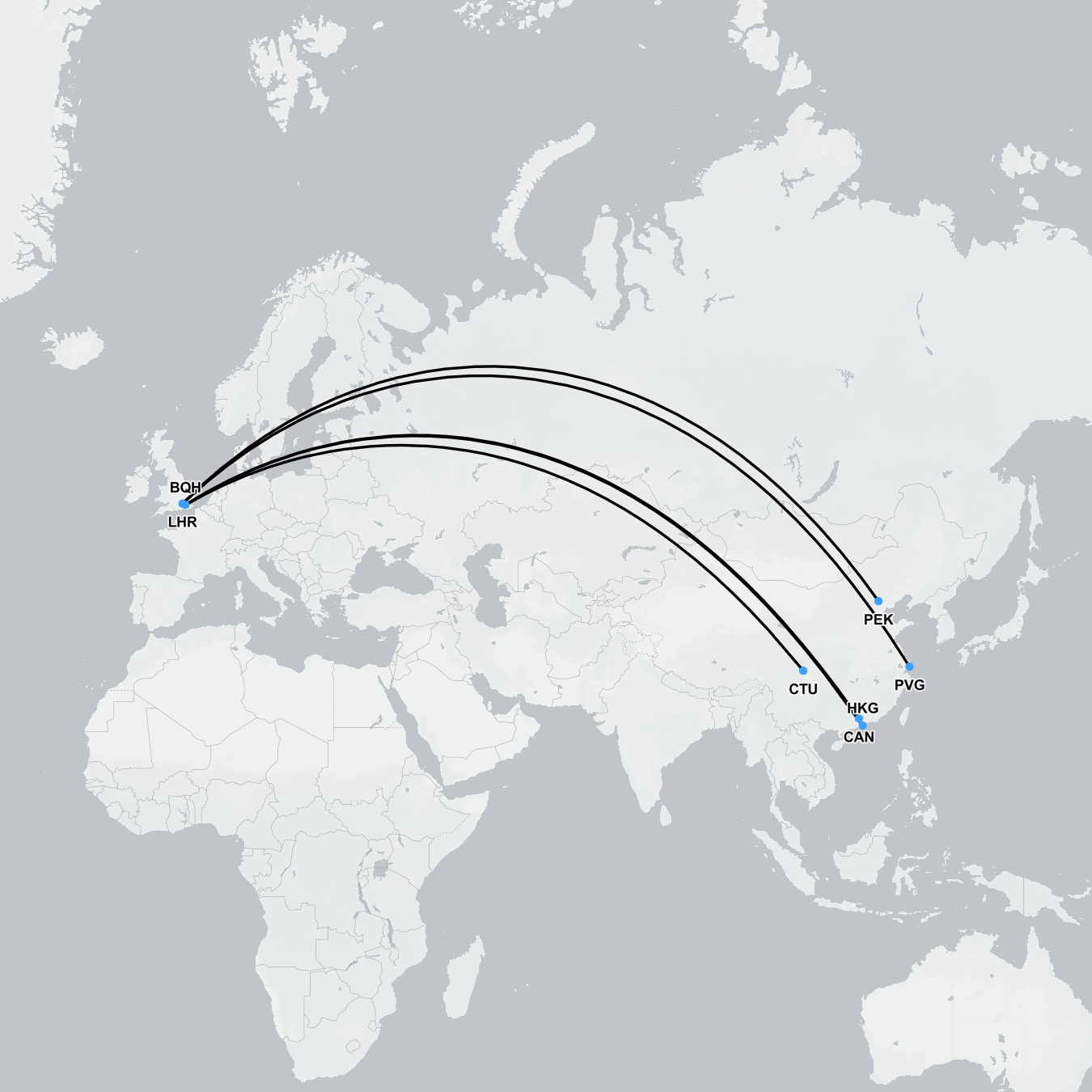 Map showing medical air ambulance flight routes between China and the UK