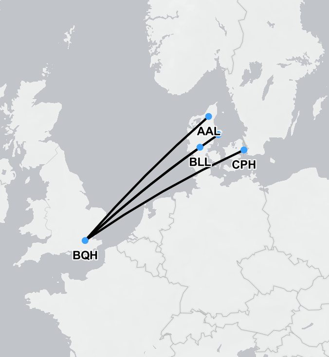 Map showing air ambulance medevac route from Denmark to London