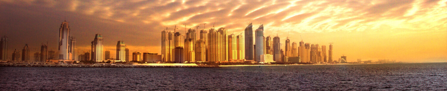 Dubai seafront skyline representing air ambulance and medical transfers from the Middle East to the UK