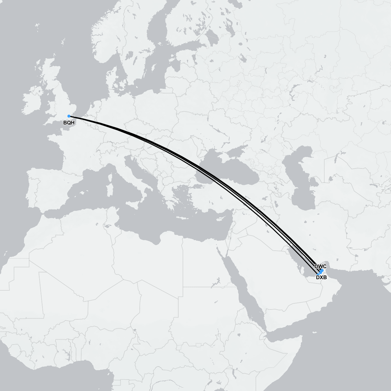 Map showing medical flight route from Dubai International Airport to a private hospital in London
