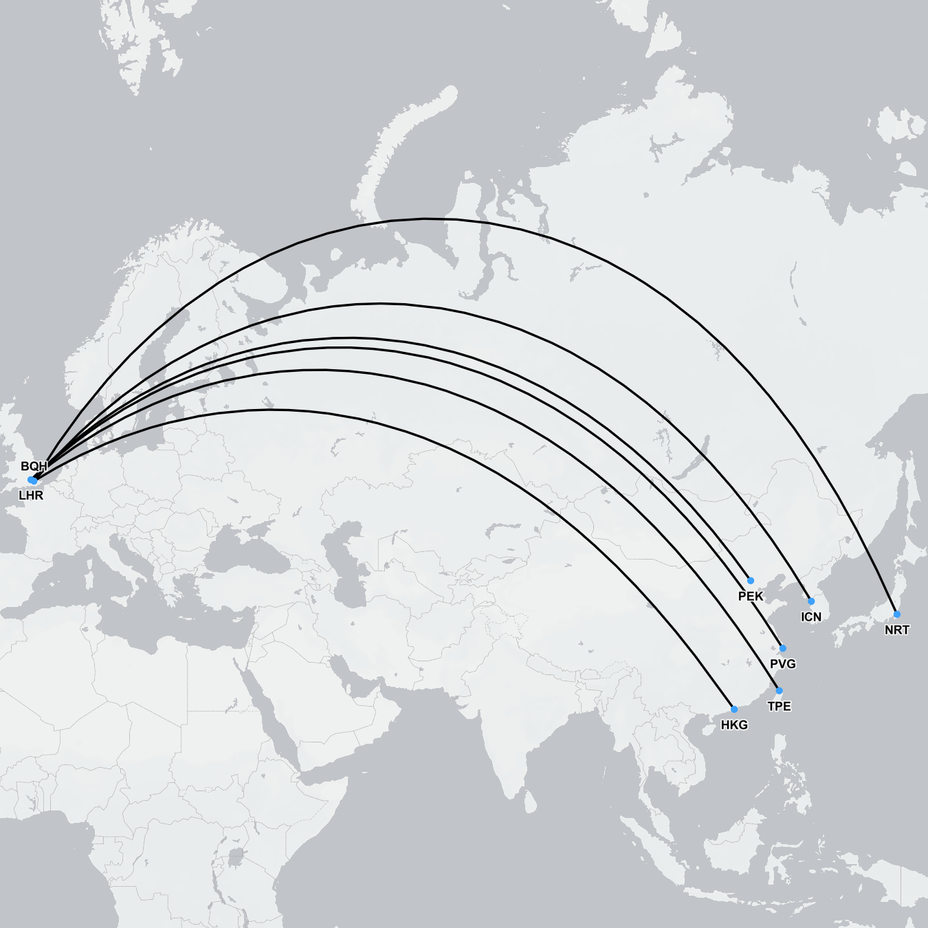 Map showing air ambulance flight routes between East Asia airports and the UK, including Beijing, Shanghai, Tokyo, Seoul, Hong Kong, and Taipei