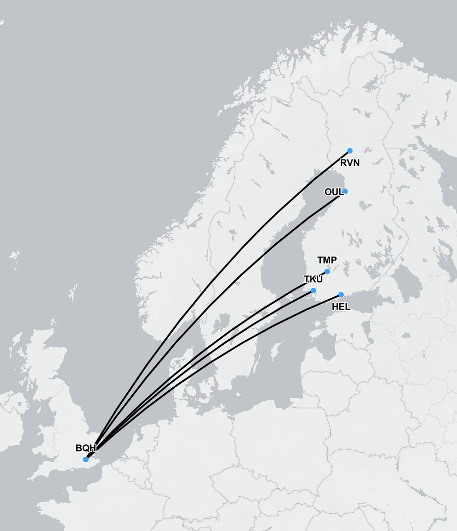 Map showing air ambulance routes from Finland to the UK and Europe