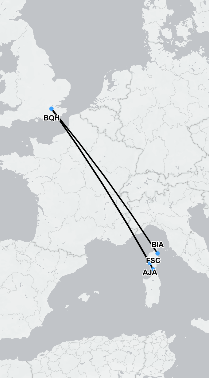 Air ambulance flight path from Corsica to London for urgent medical evacuation