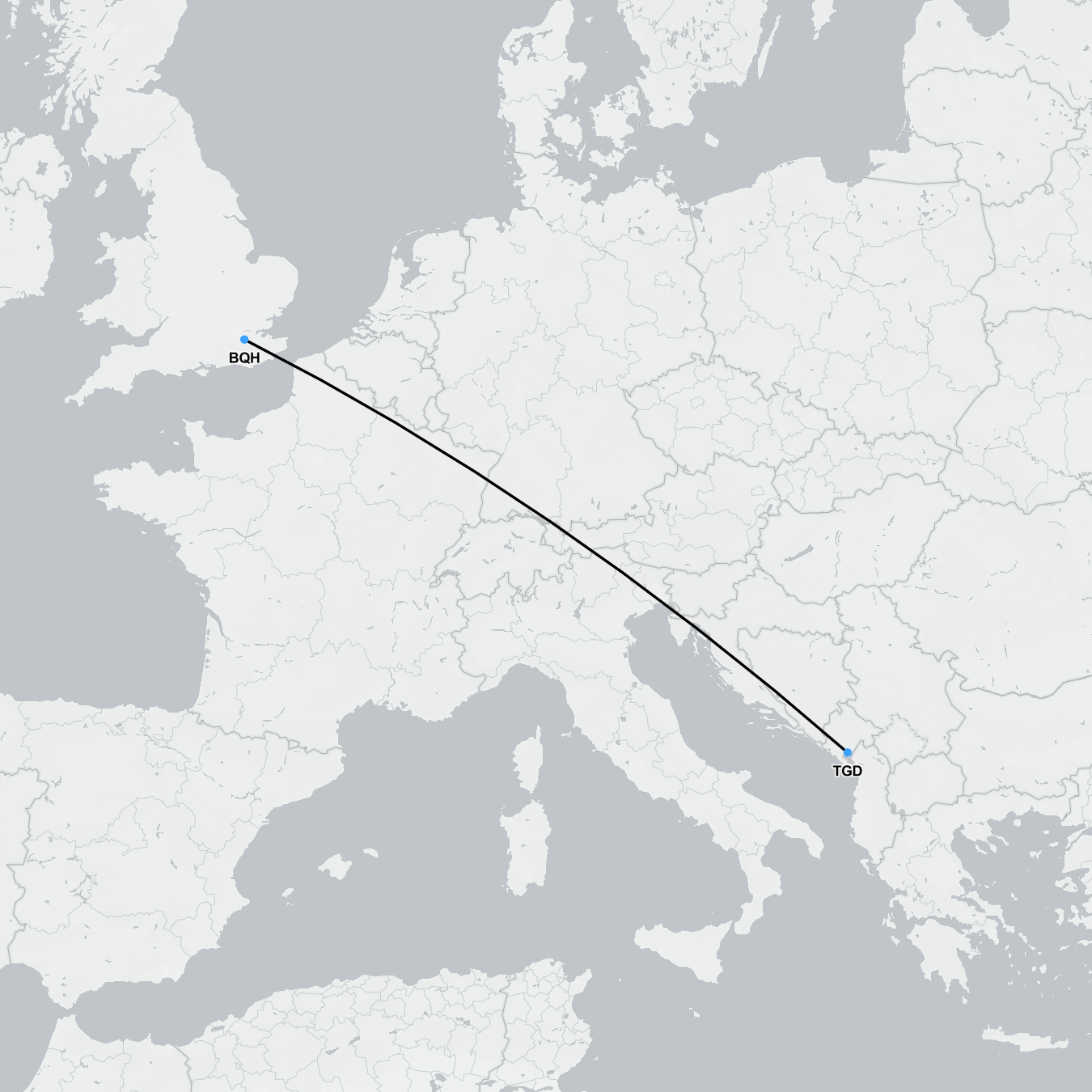 Medical flight route from Montenegro to London for patient repatriation