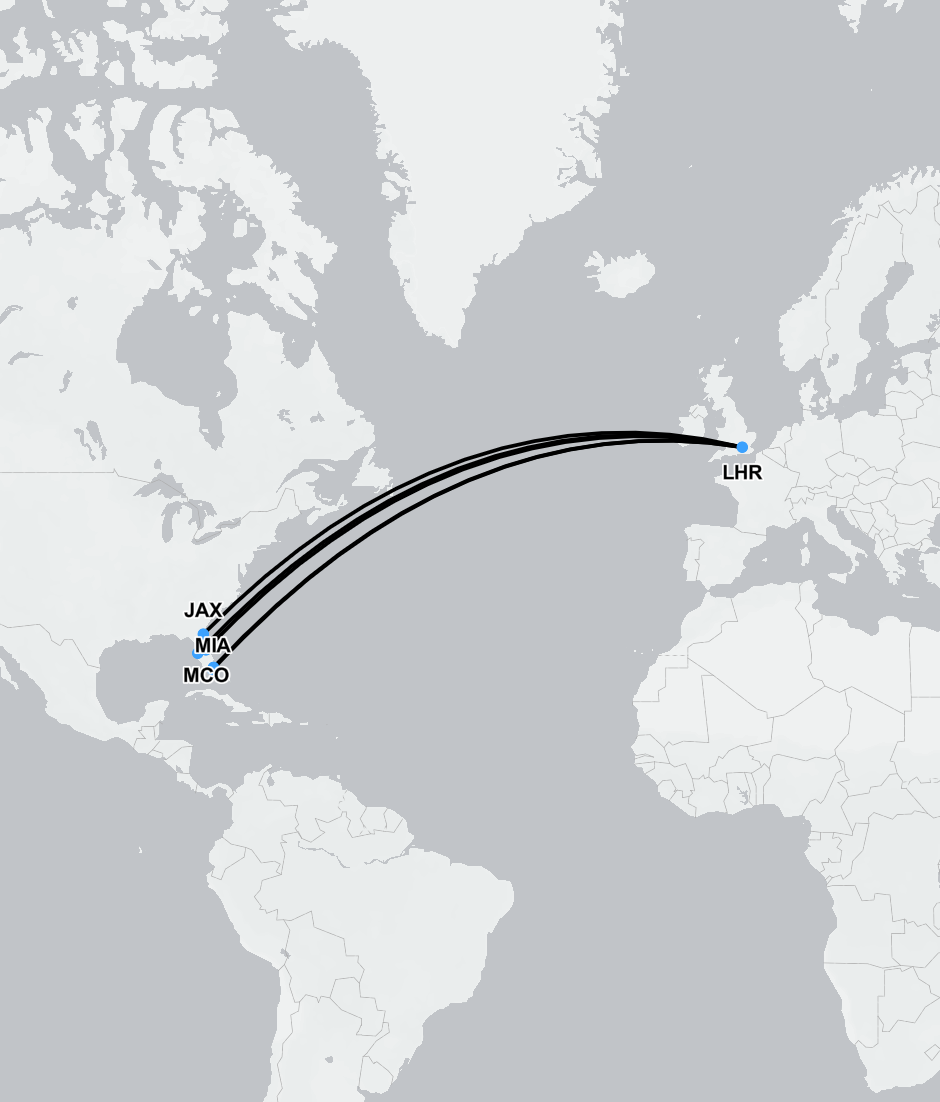 Map showing medical flight path from Florida to the UK for air ambulance repatriation