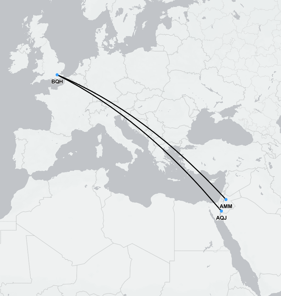 Map showing SkyCare air ambulance route from Amman, Jordan to London for medical transfer