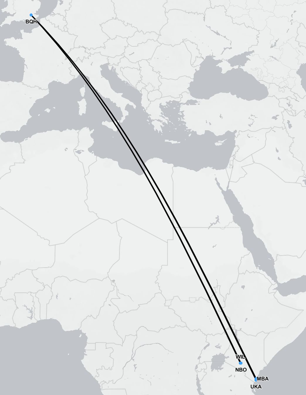 Flight route from Nairobi, Kenya to London, UK for medical evacuation