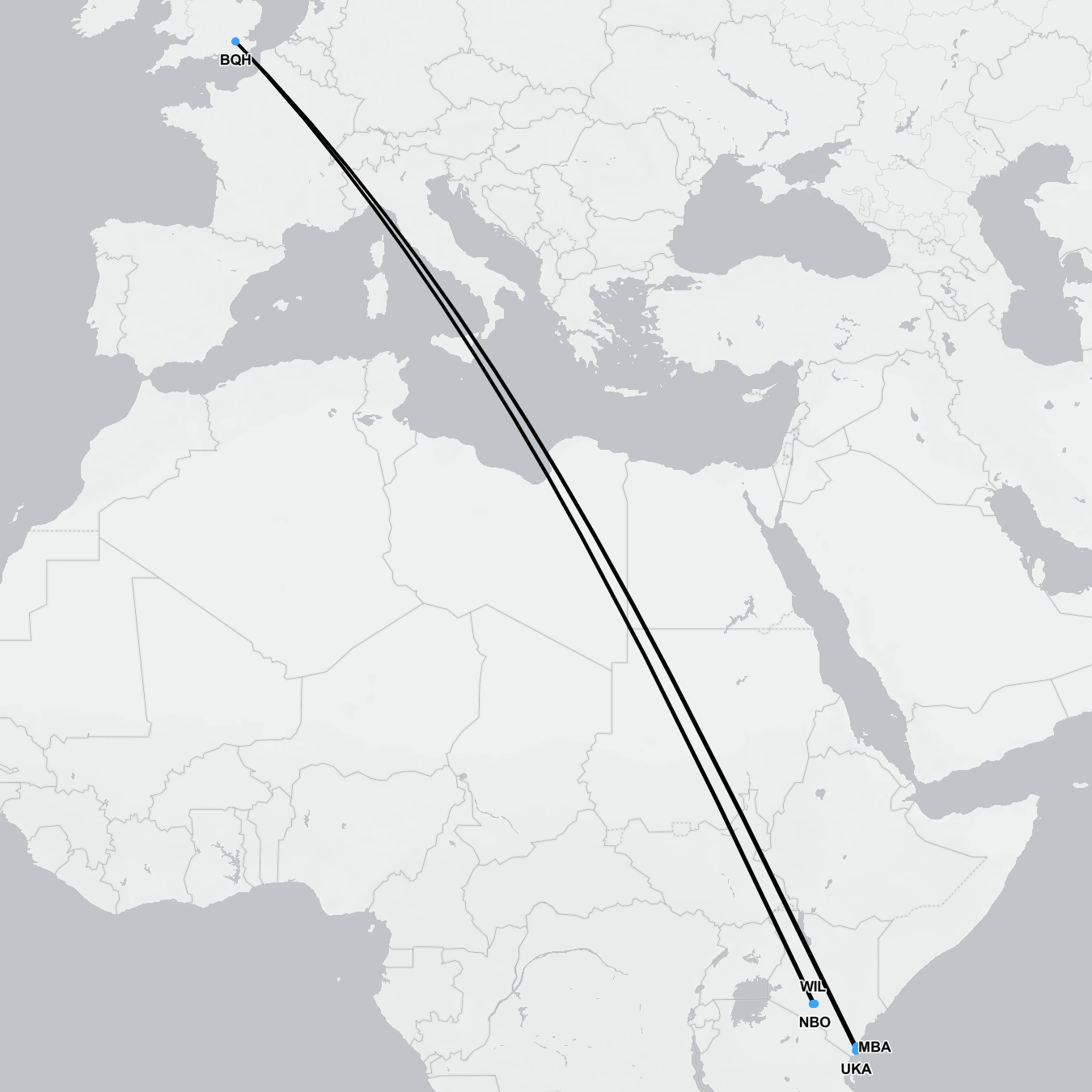 Flight route from Nairobi, Kenya to London, UK for medical evacuation