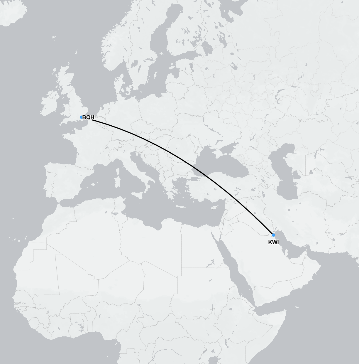Map showing the private air ambulance route from Kuwait to a hospital in London, used for patient transfer