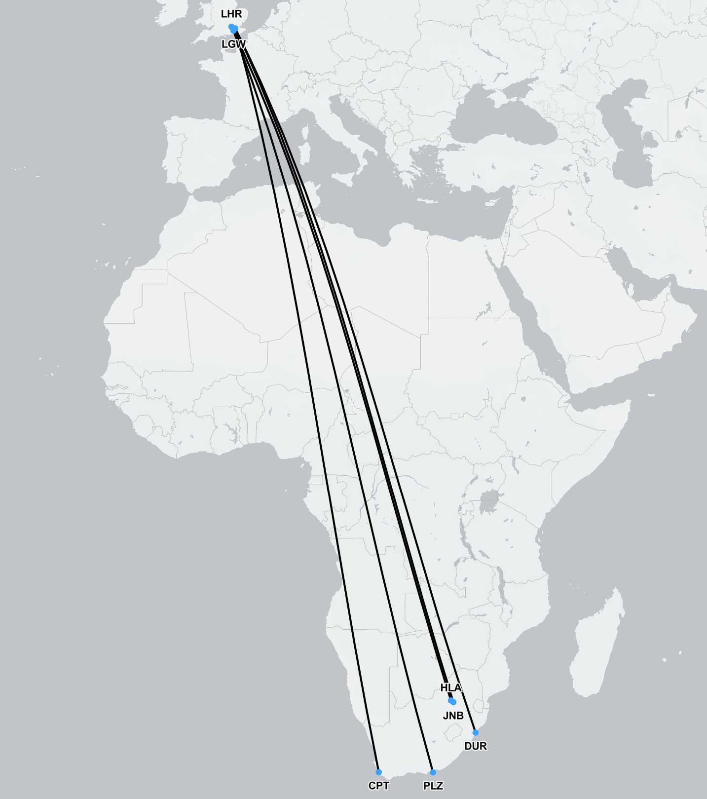Map showing air ambulance flight route from London to South Africa for repatriation
