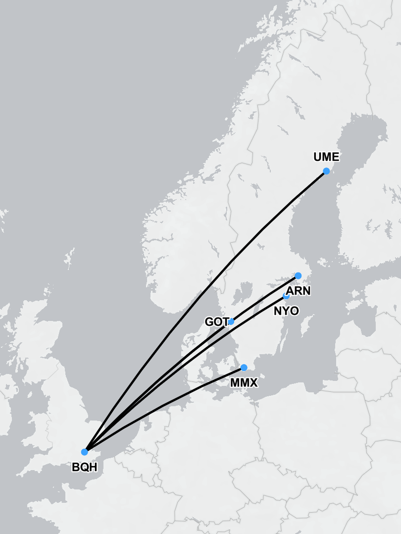 Map showing air ambulance route from London to Sweden
