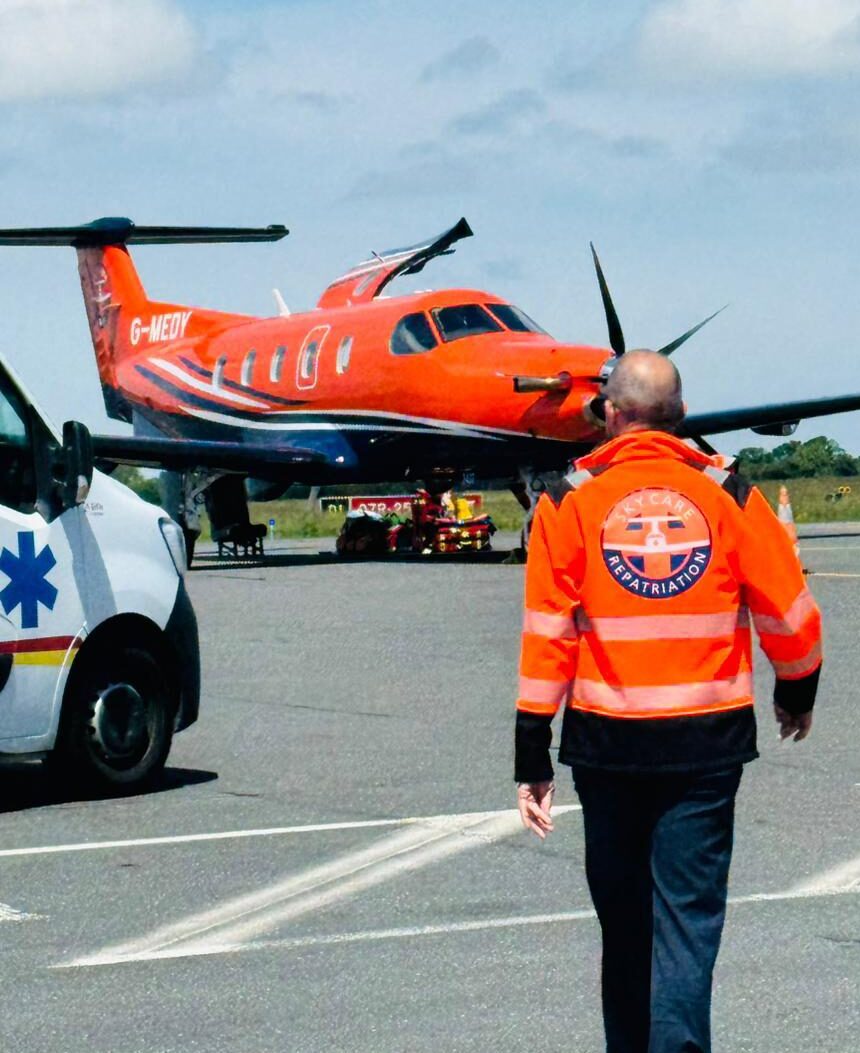 Pilatus PC-12 medevac aircraft at Ajaccio Airport in Corsica, ready for UK medical flight