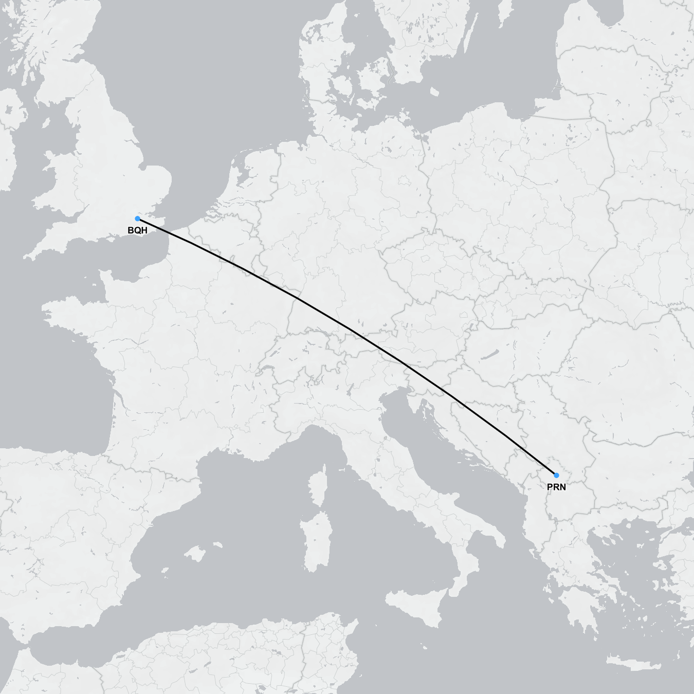 Medevac flight route from Pristina, Kosovo to London for medical repatriation