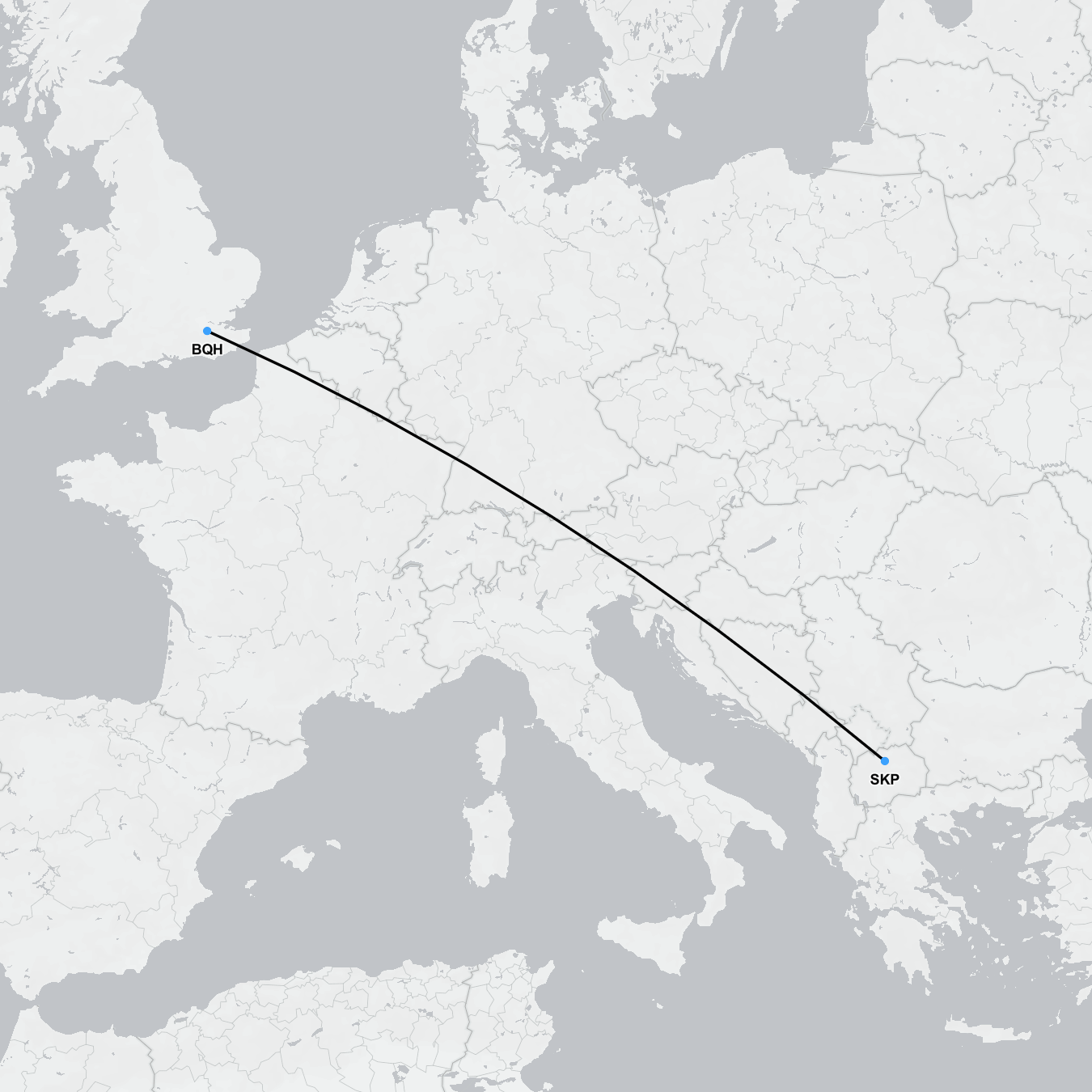 Map showing medical repatriation flight route from North Macedonia to London