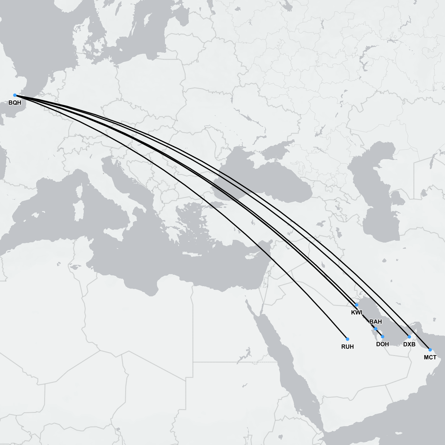 Map showing medical flight path from Middle Eastern cities to London for air ambulance transfers