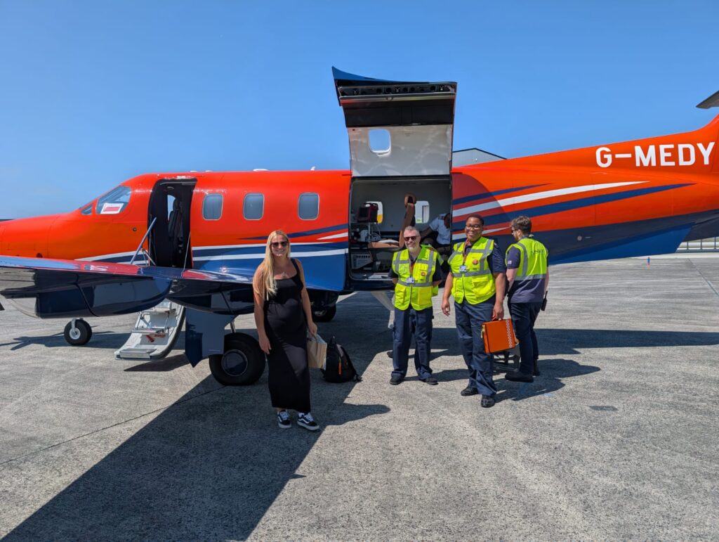 SkyCare air ambulance on tarmac before neonatal transfer mission