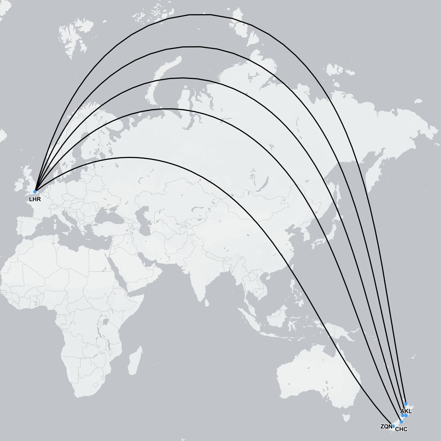 Medical flight route map showing air ambulance and medevac path from New Zealand to the United Kingdom