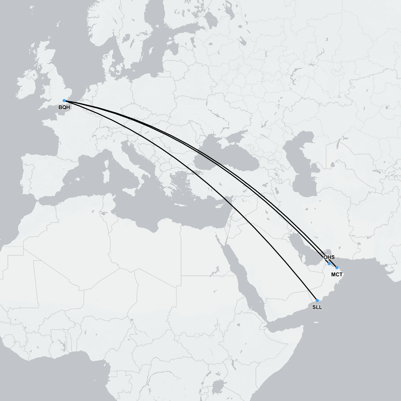 Illustrated map showing air ambulance flight route from Oman to London
