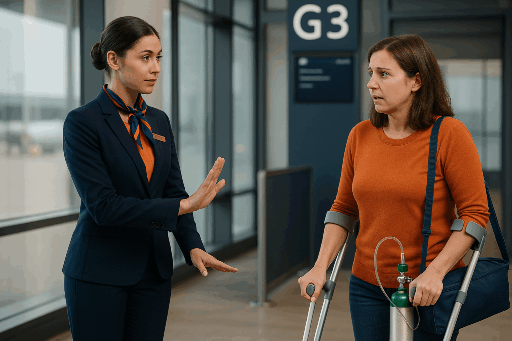 Passenger denied boarding for medical reasons at airport gate with airline staff