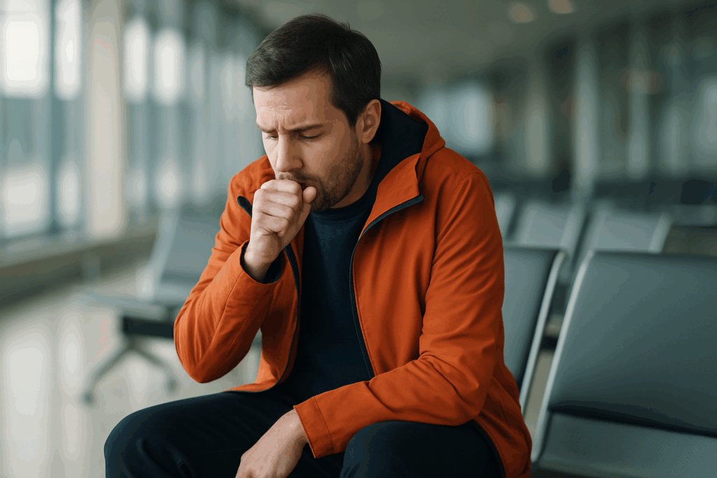 Traveller wearing orange and navy clothing coughing at an airport terminal