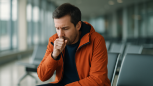 Traveller wearing orange and navy clothing coughing at an airport terminal
