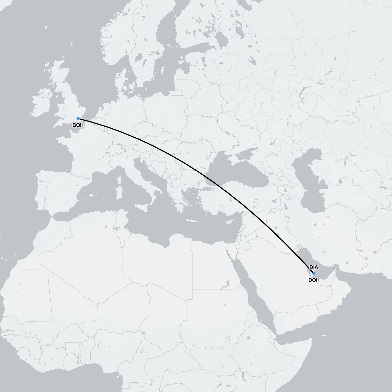 Map showing air ambulance route from Qatar to London for hospital treatment