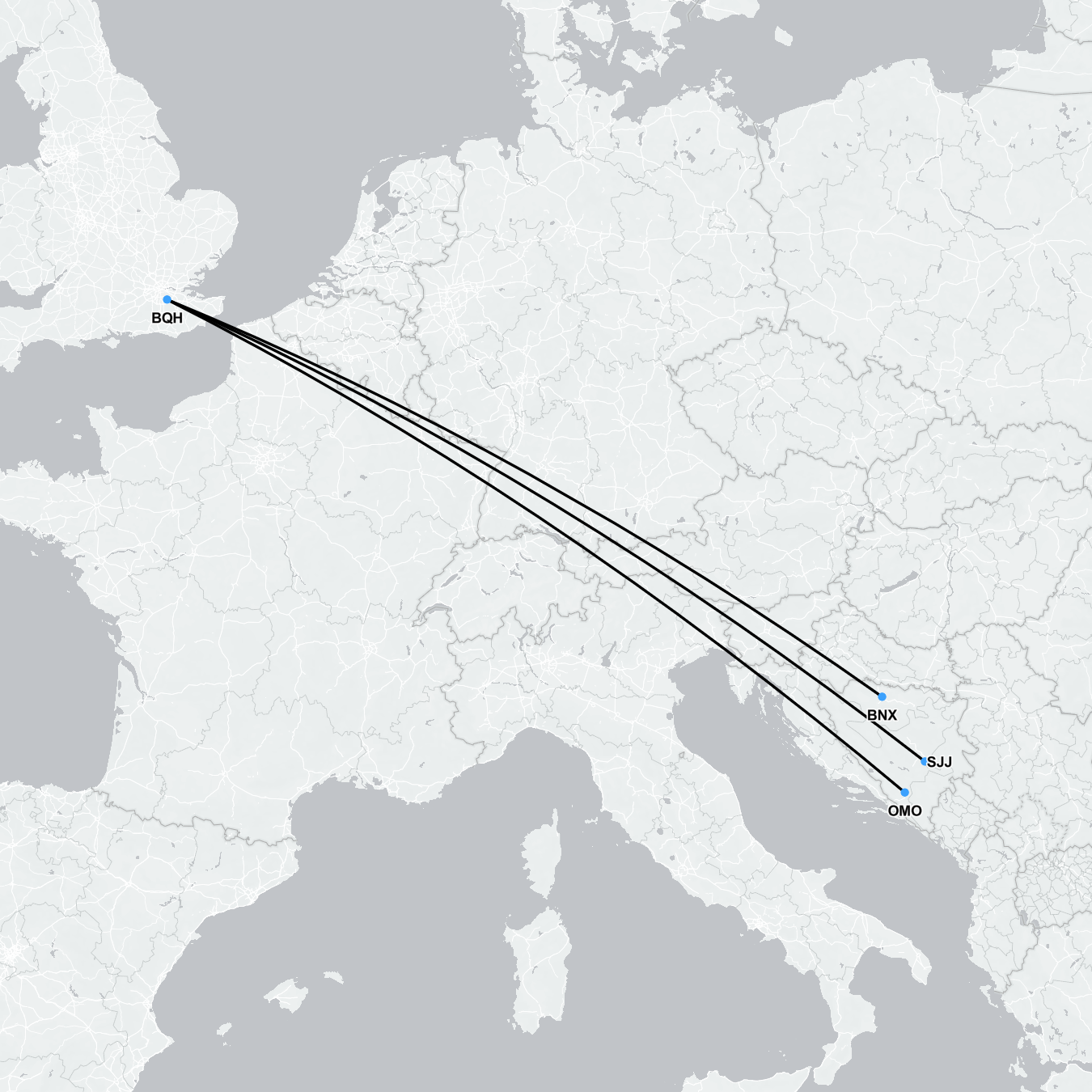 Map showing the Sarajevo to London air ambulance route for medical repatriation flights