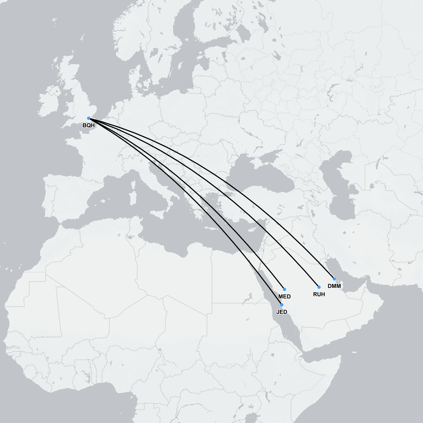 Air ambulance route map showing medical flight path from Saudi Arabia to the UK