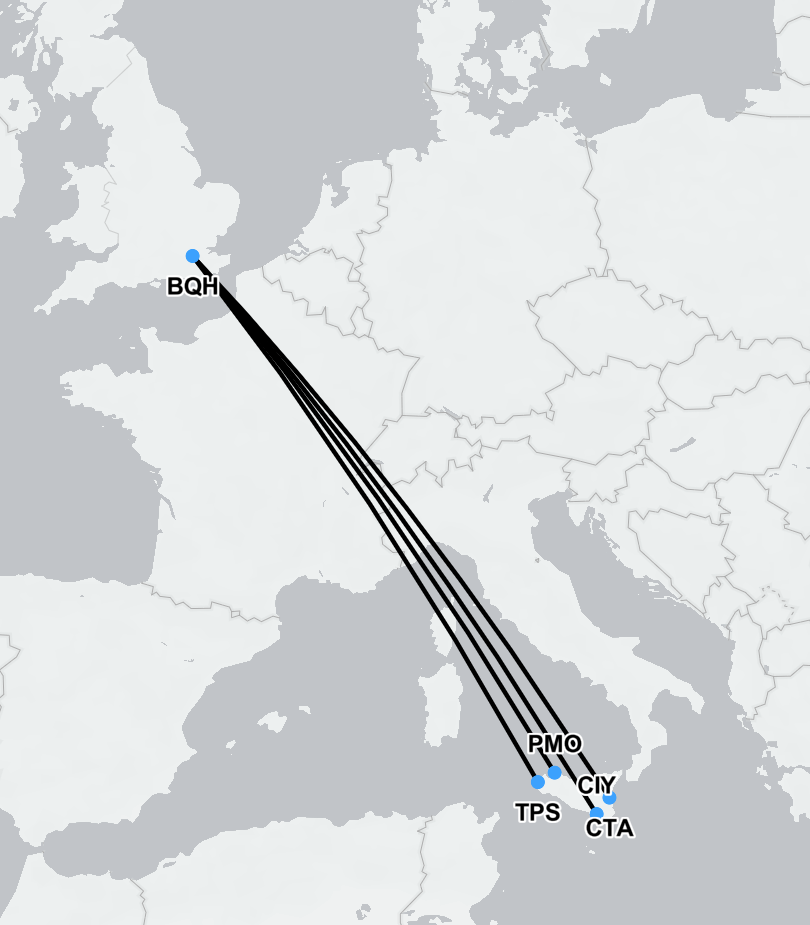 Map showing typical air ambulance route from Sicily to London, UK