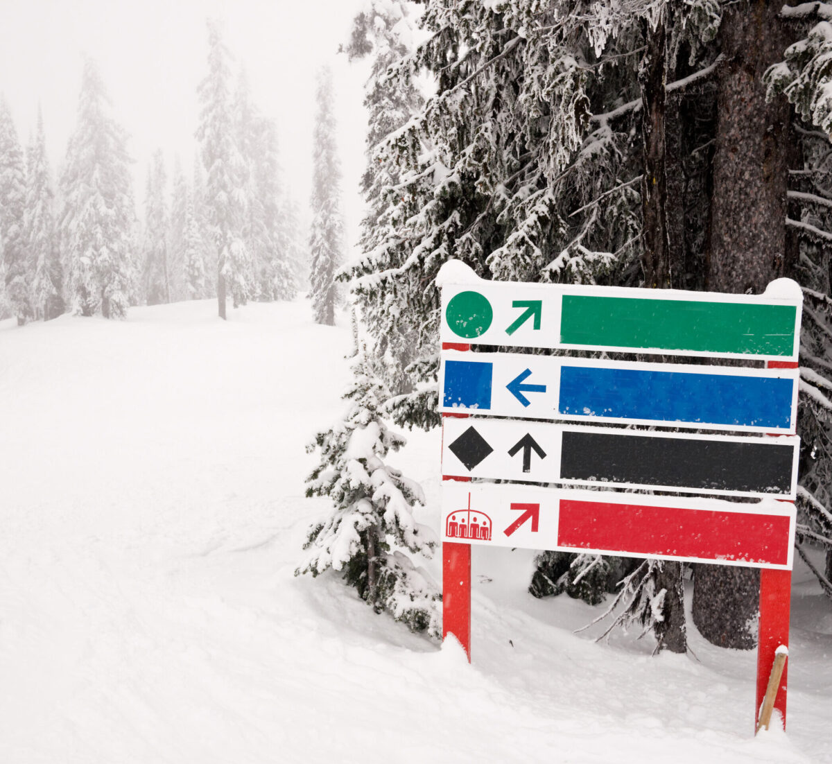 Blank ski run sign with green, blue and black diamond slopes at a European mountain resort