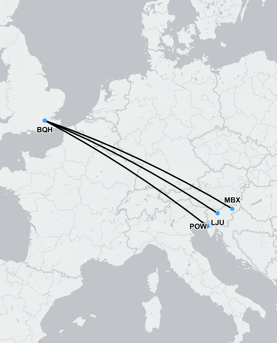 Map showing typical air ambulance route from Slovenia to London with medical aircraft