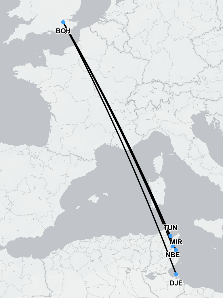 Map showing typical medical flight route from Tunisia to London with aircraft illustration