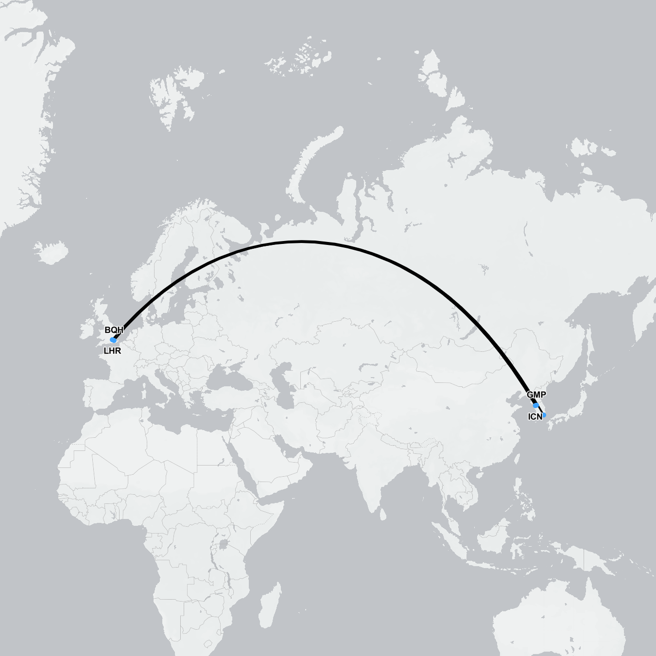Map showing air ambulance flight route from Incheon South Korea to London UK for medical repatriation